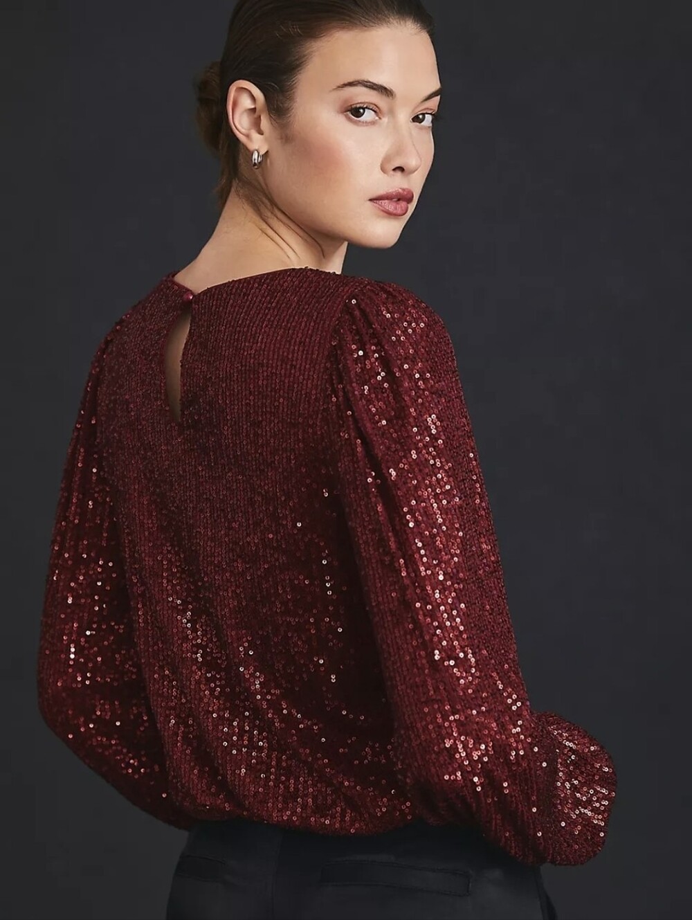 Anthropologie Flat White All Over Sequin Blouse In Dark Red